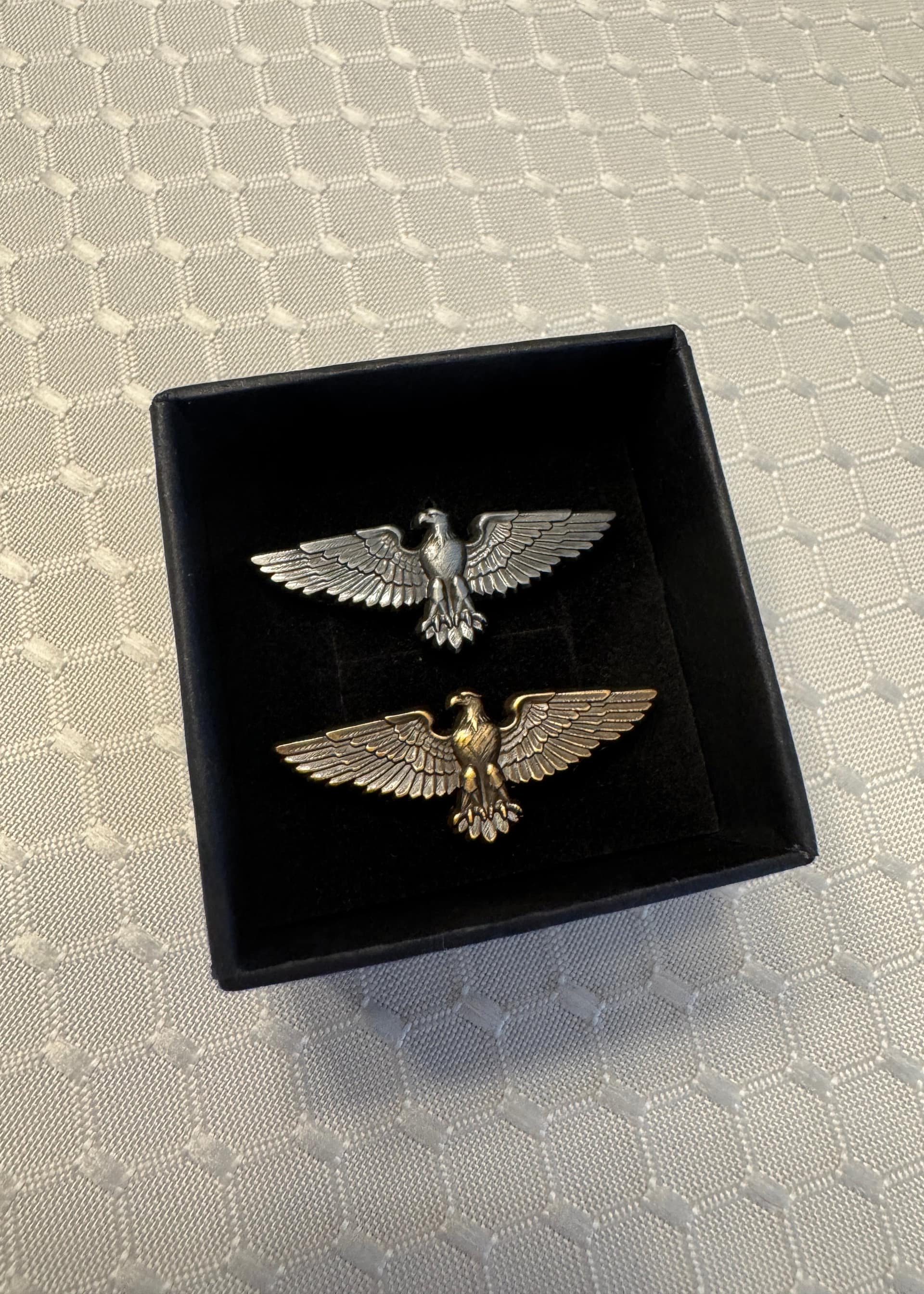 Both finishes of the American Eagle pin, nickel and gold, in one presentation box